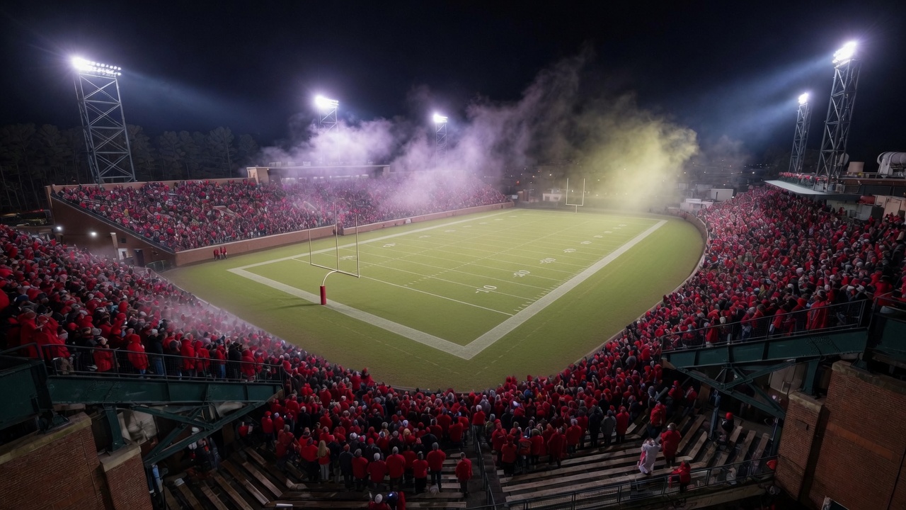 Night college football stadium under floodlights